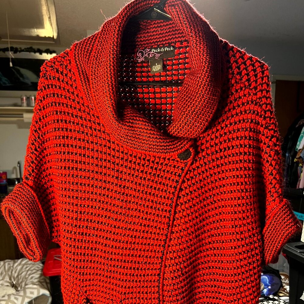 VTG Peck & Peck Red Black Asymmetrical Single-Button Chunky Knit Cardigan SZ Sm